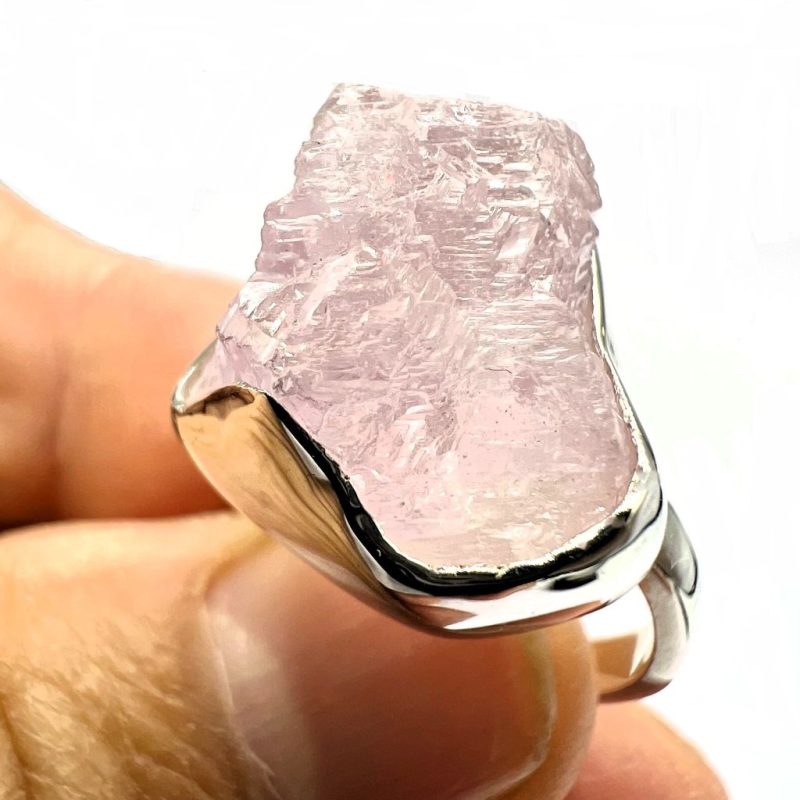 Kunzite Raw Silver Ring close up